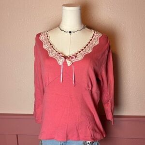 babydoll fairy coquette lace bow long sleeve top white stag sz large pink cotton